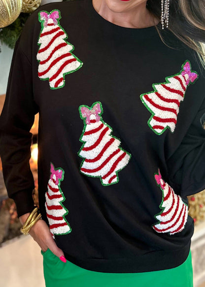 Black O Neck Christmas Tree Sequins Cotton Sweatshirt Fall