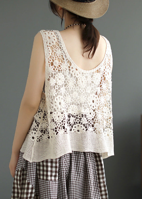 Simple Beige O-neck Patchwork Cotton Vest Sleeveless