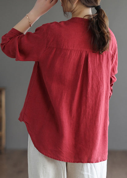 Stylish Red O-neck Button Linen Blouses Top Long Sleeve