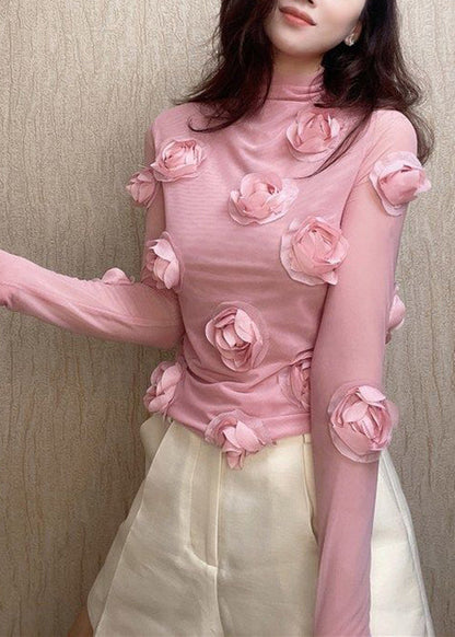 Pink Turtleneck Tulle T Shirt Spring