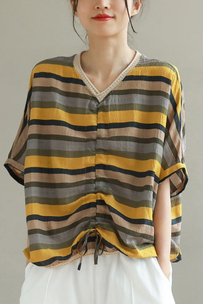 Summer Cotton T-shirt Short Sleeve Striped Tops