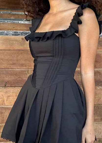 Black Ruffled Cotton Mid Dress Sleeveless