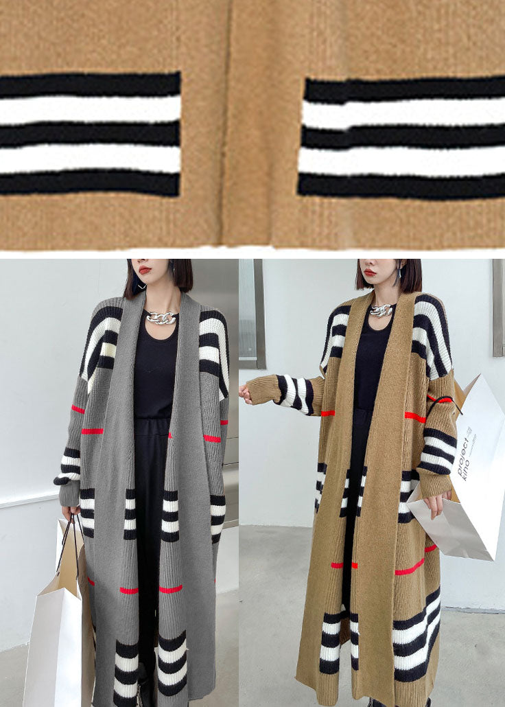 French Khaki Retro Striped Loose Fall Knit Sweater Coat