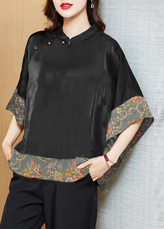 Black Mandarin Collar Asymmetrical Patchwork Jacquard Silk Shirts Batwing Sleeve