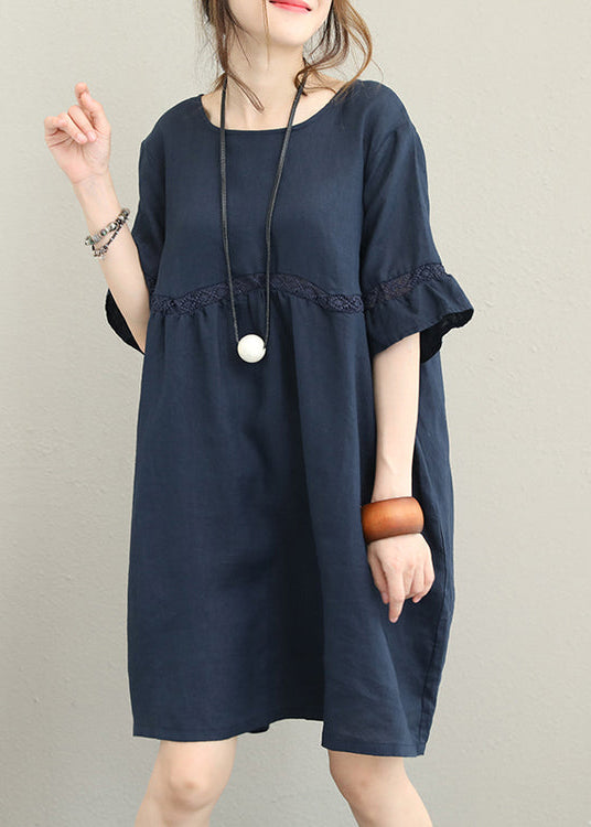Fine Dark Blue Linen Knee Dress Oversized Linen Cotton Dress Boutique Flare Sleeve Lace Patchwork Linen Clothing Dress