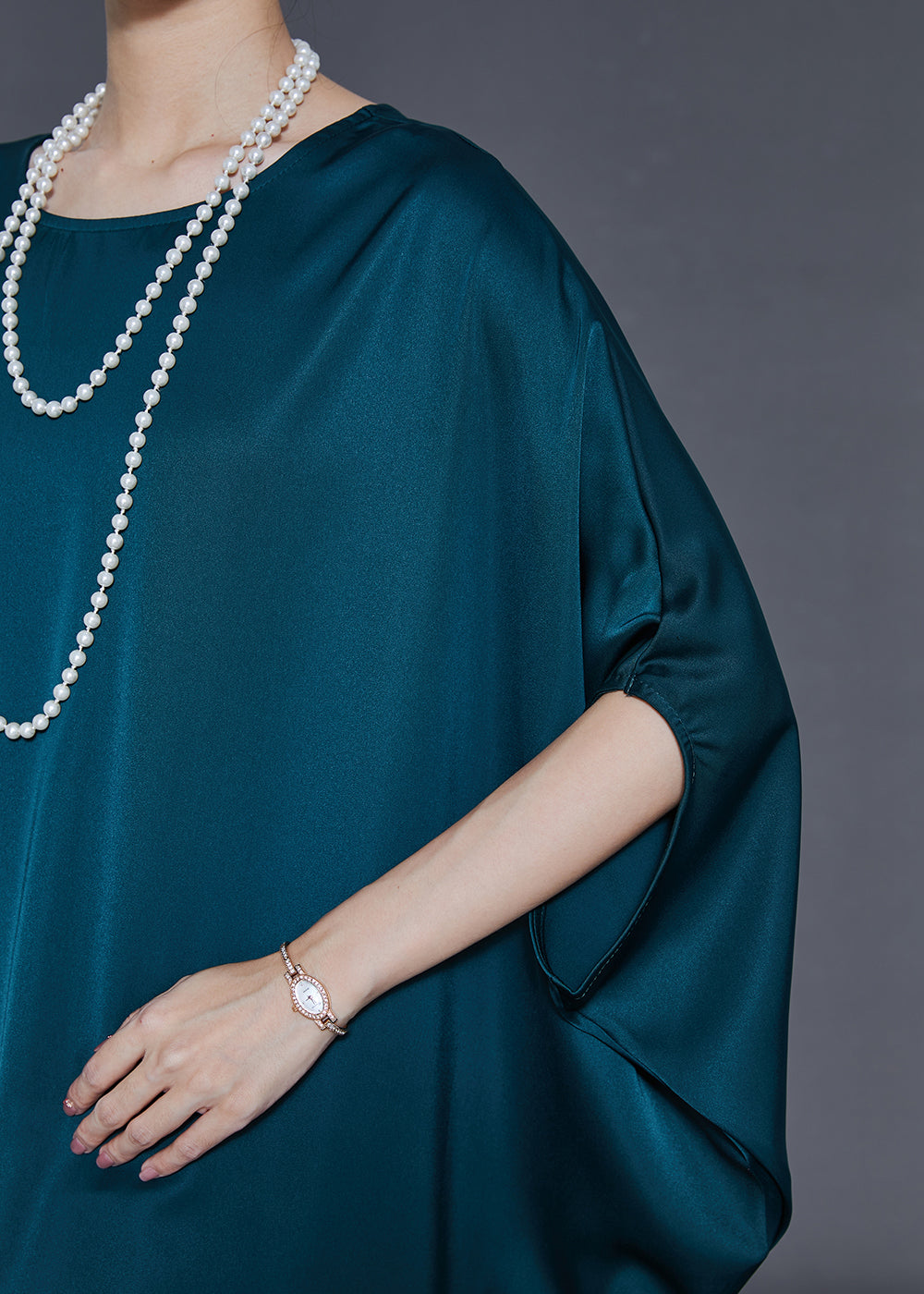 Peacock Blue Oversized Silk Party Dress Batwing Sleeve