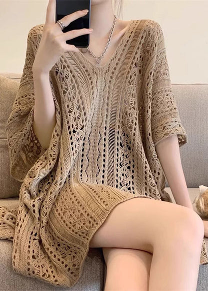 Khaki V Neck Hollow Out Knit Tops Half Sleeve