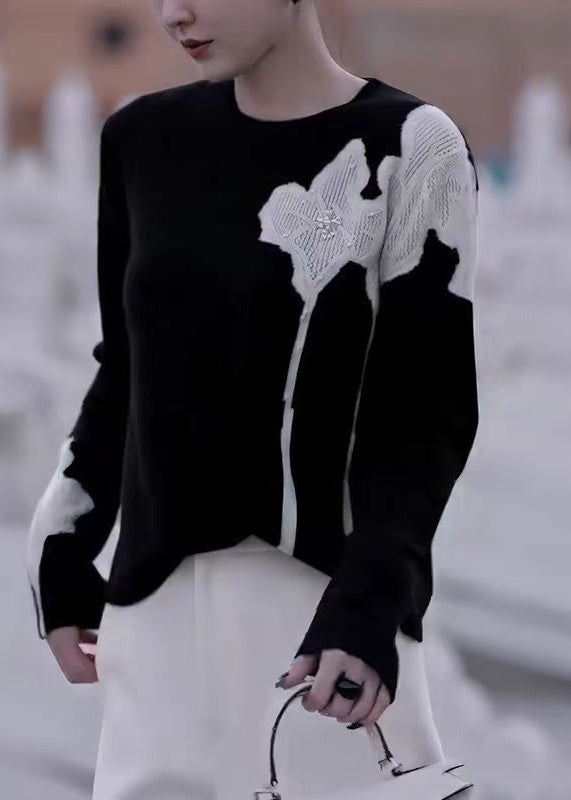French Black O Neck Nail Bead Knit Sweater Fall