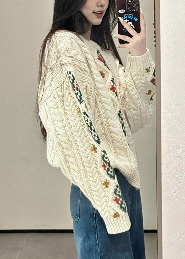 Loose Beige O Neck Plaid Cable Knitted Cotton Sweater Spring