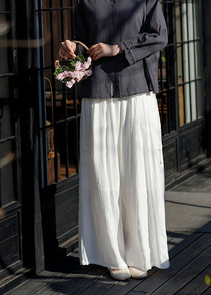 Simple White Elastic Waist Cotton Wide Leg Pants Summer