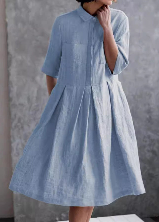 Blue Peter Pan Collar Button Cotton Shirts Dress Summer