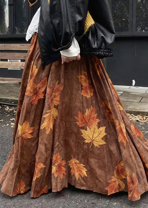 Coffee Leaves Print High Waist Cotton Skirt Fall