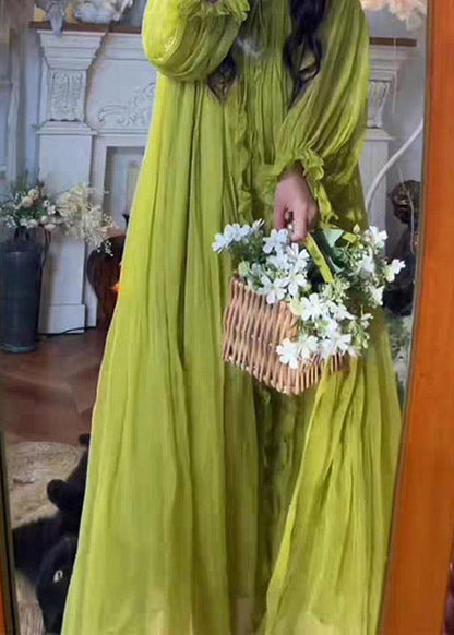 Green V Neck Ruffled Hooded Chiffon Maxi Dress Spring