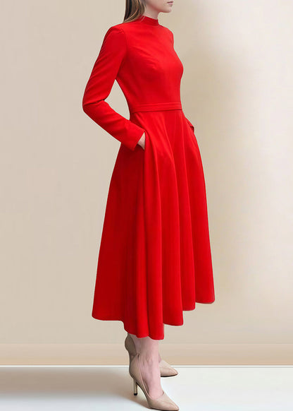 Fine Red Pockets Patchwork Slim Fit Cotton Dress Fall