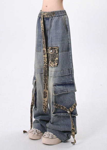 Blue Leopard Pockets Lace Up Patchwork Denim Pants Spring