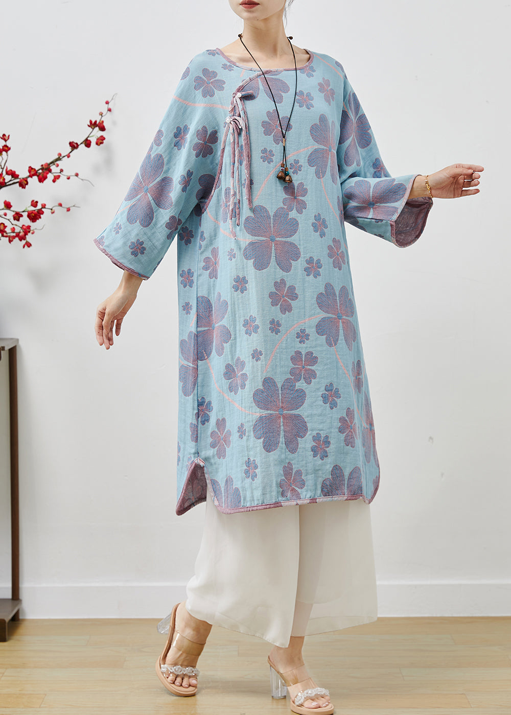 Blue Oversized Print Cotton Long Dresses Spring