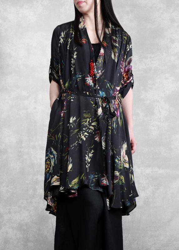 Organic Black Print Clothes Tie Waist Cardigan Coat