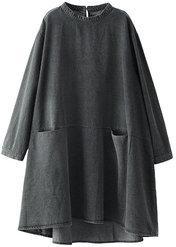 Black Grey O-neck Pockets Denim Long Dresses Long Sleeve