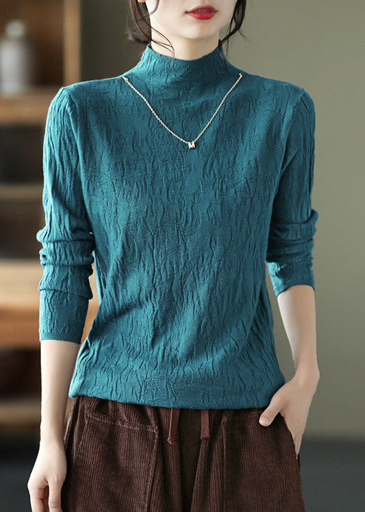 Peacock Blue High Neck Wrinkled Cotton Tops Fall