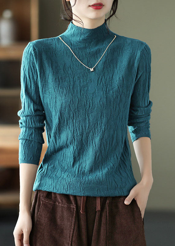 Peacock Blue High Neck Wrinkled Cotton Tops Fall