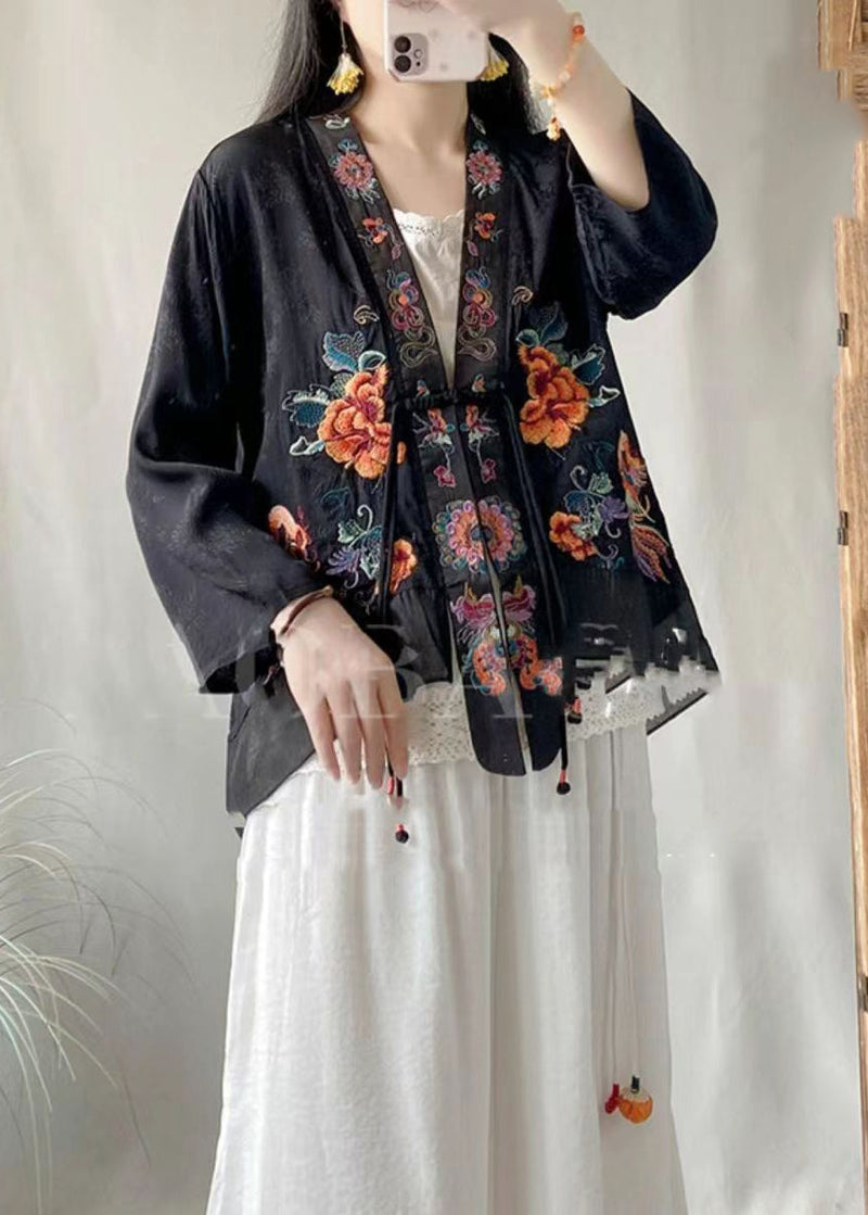 Black Linen Silk Cardigans Embroideried V Neck Tasseled Spring