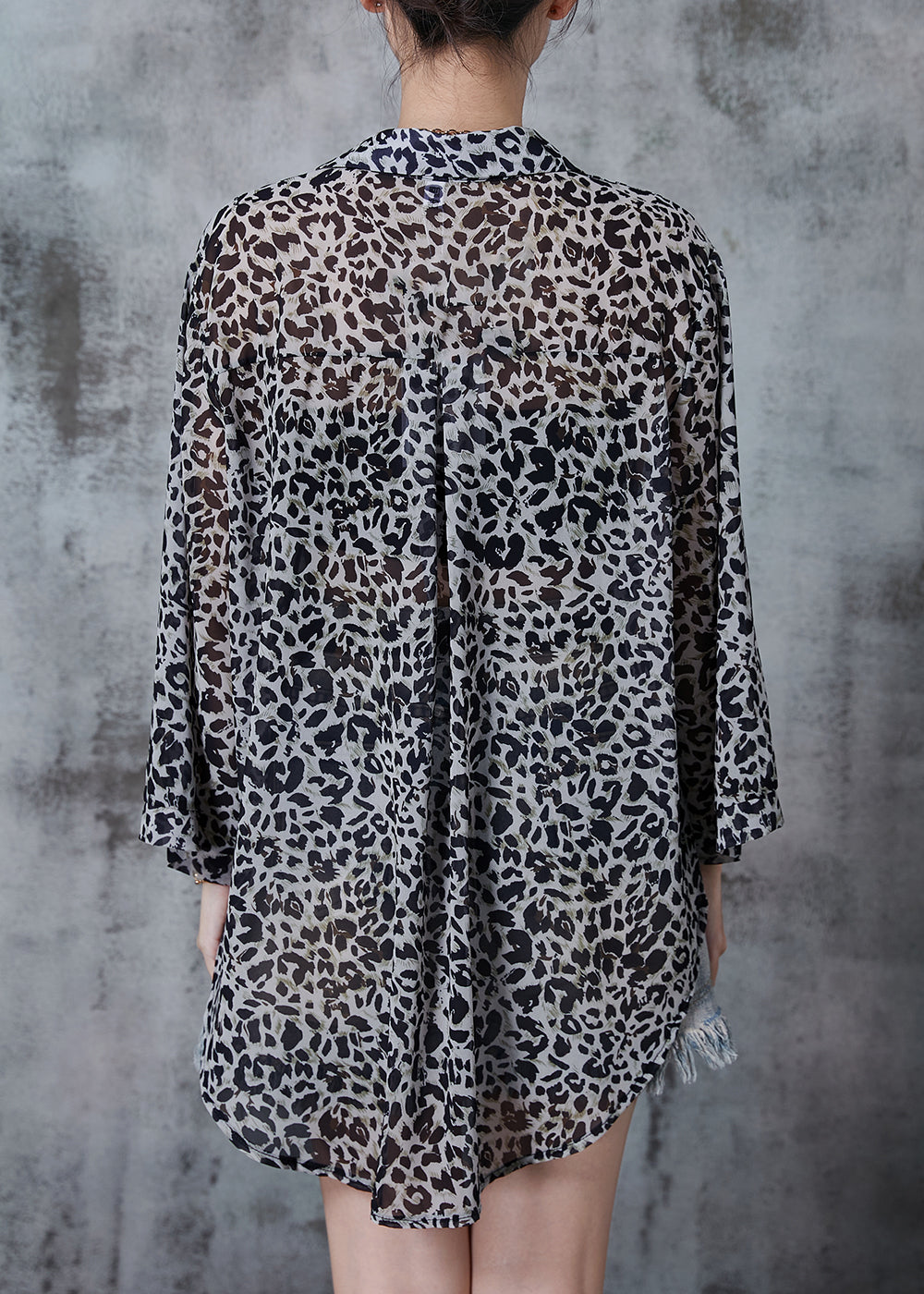 Grey Oversized Leopard Print Chiffon Shirt Top Fall