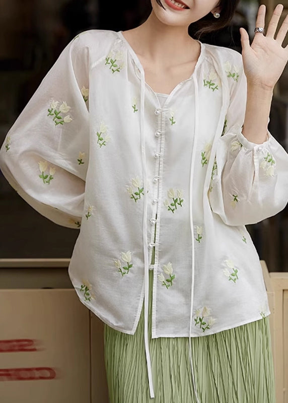White Embroidered Lace Up Cotton Shirt Set Spring