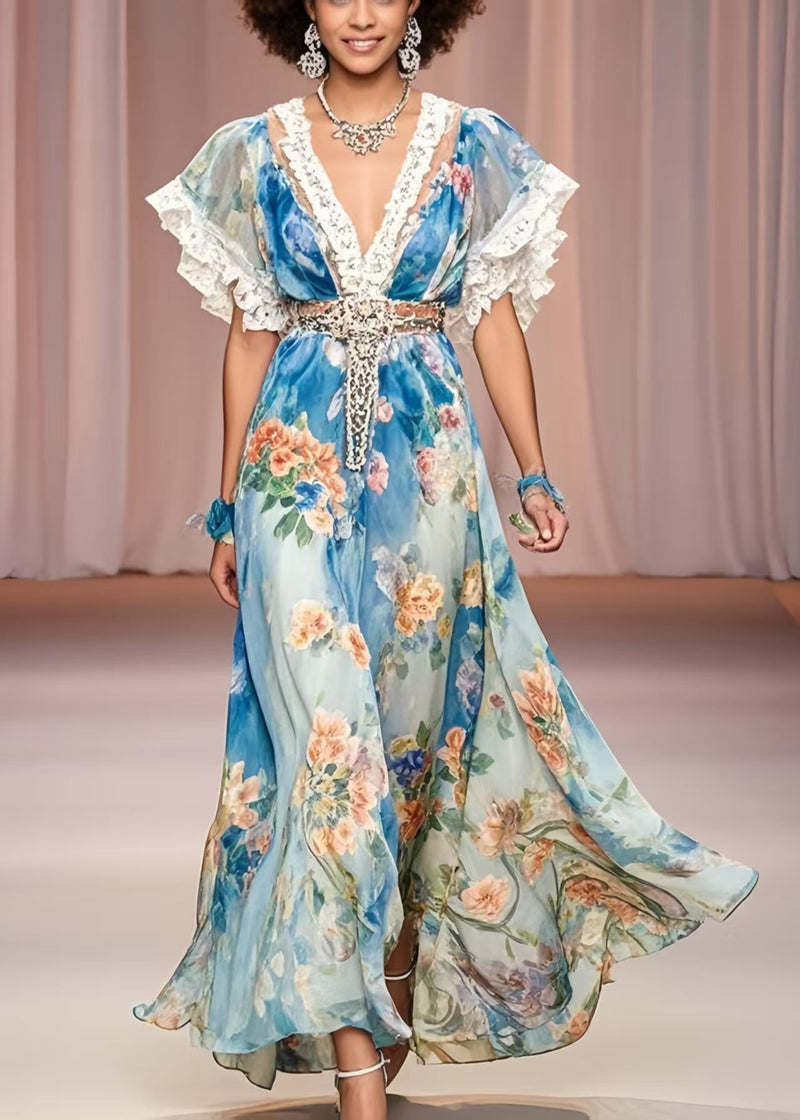 Blue Cinched Print Chiffon Maxi Dress Summer