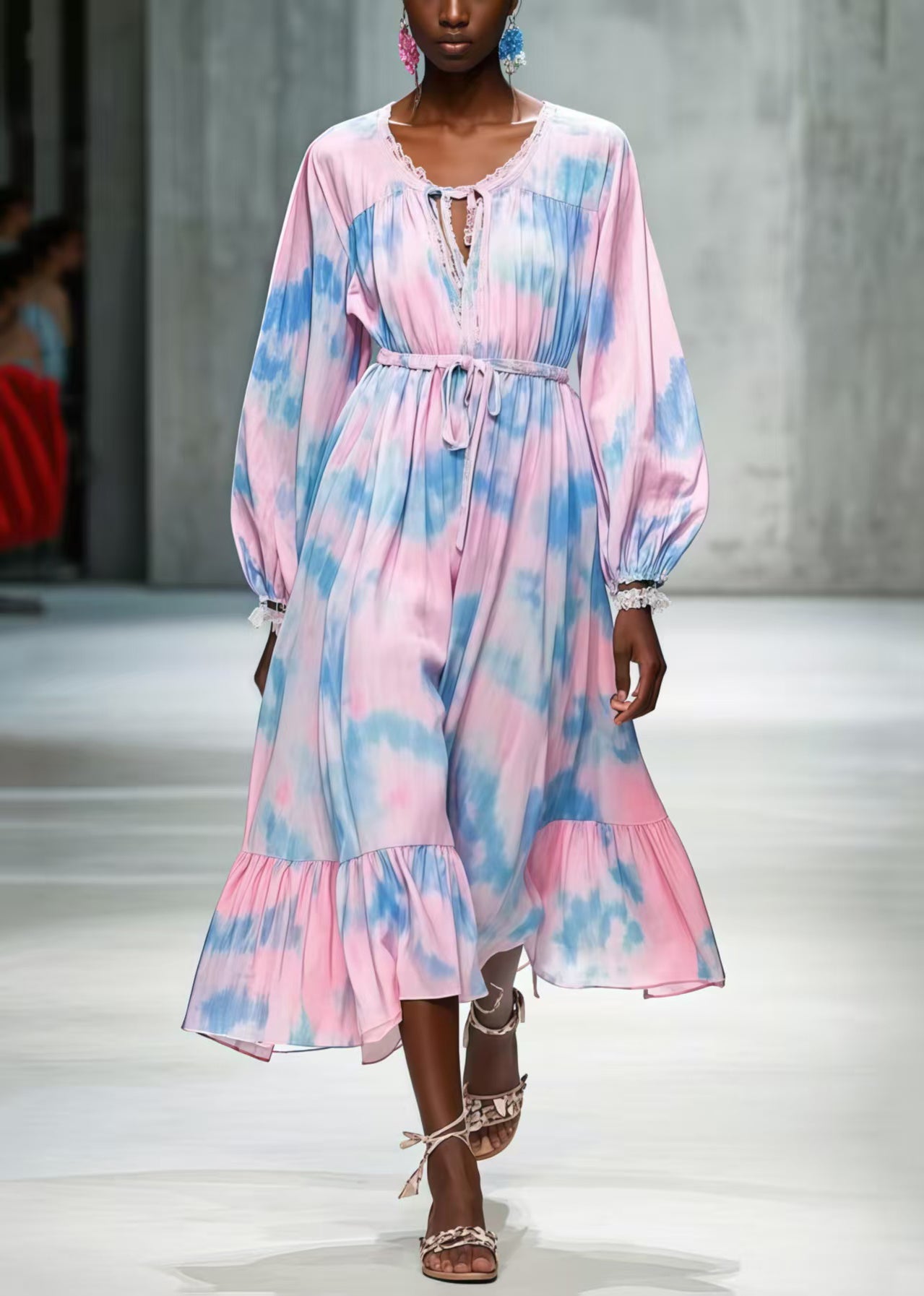 Unique Pink Cinched Tie Dye Chiffon Long Dresses Spring