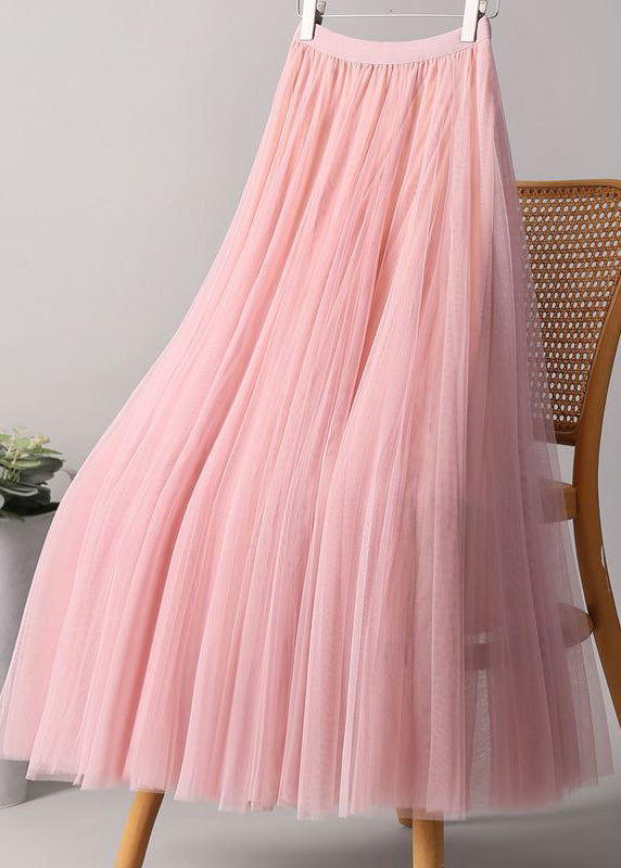 Loose Pink Elastic Waist Tulle a Line Skirts