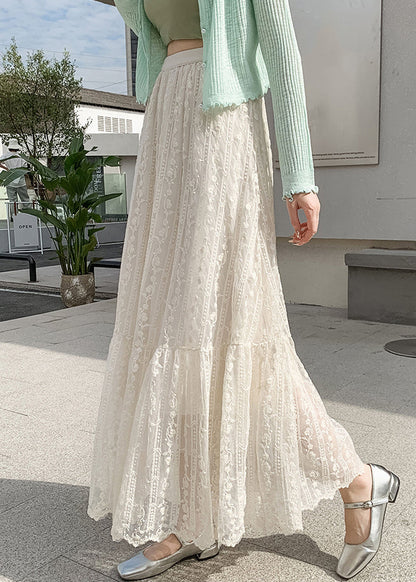 Loose Beige Elastic Waist Lace Skirts Fall