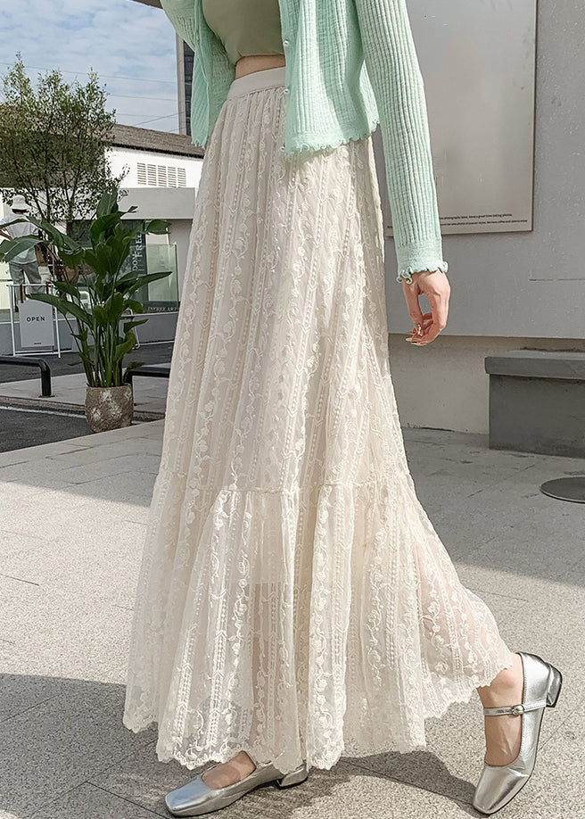 Loose Beige Elastic Waist Lace Skirts Fall