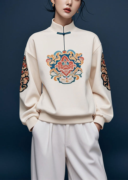 Apricot Stand Collar Print Cotton Pullover Sweatshirt Fall