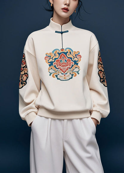 Apricot Stand Collar Print Cotton Pullover Sweatshirt Fall