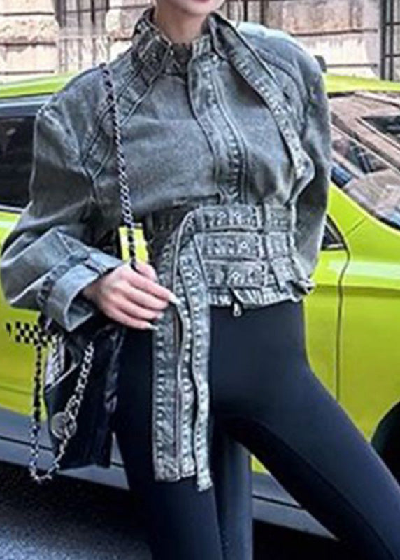 Blue Stand Collar Asymmetrical Patchwork Denim Coat Spring