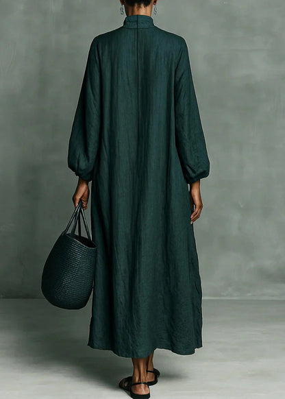 Green Hign Neck Print Pockets Cotton Dress Fall