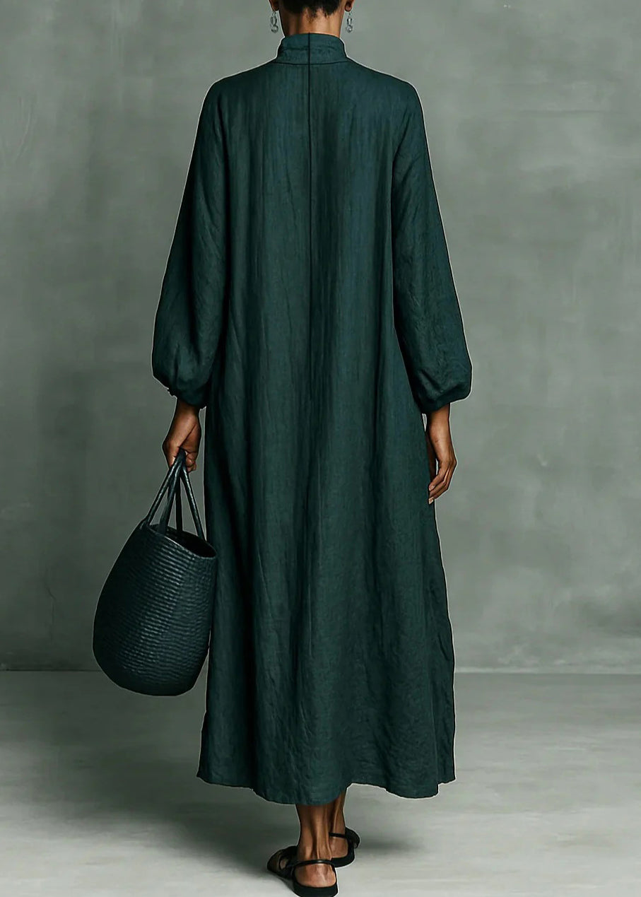 Green Hign Neck Print Pockets Cotton Dress Fall