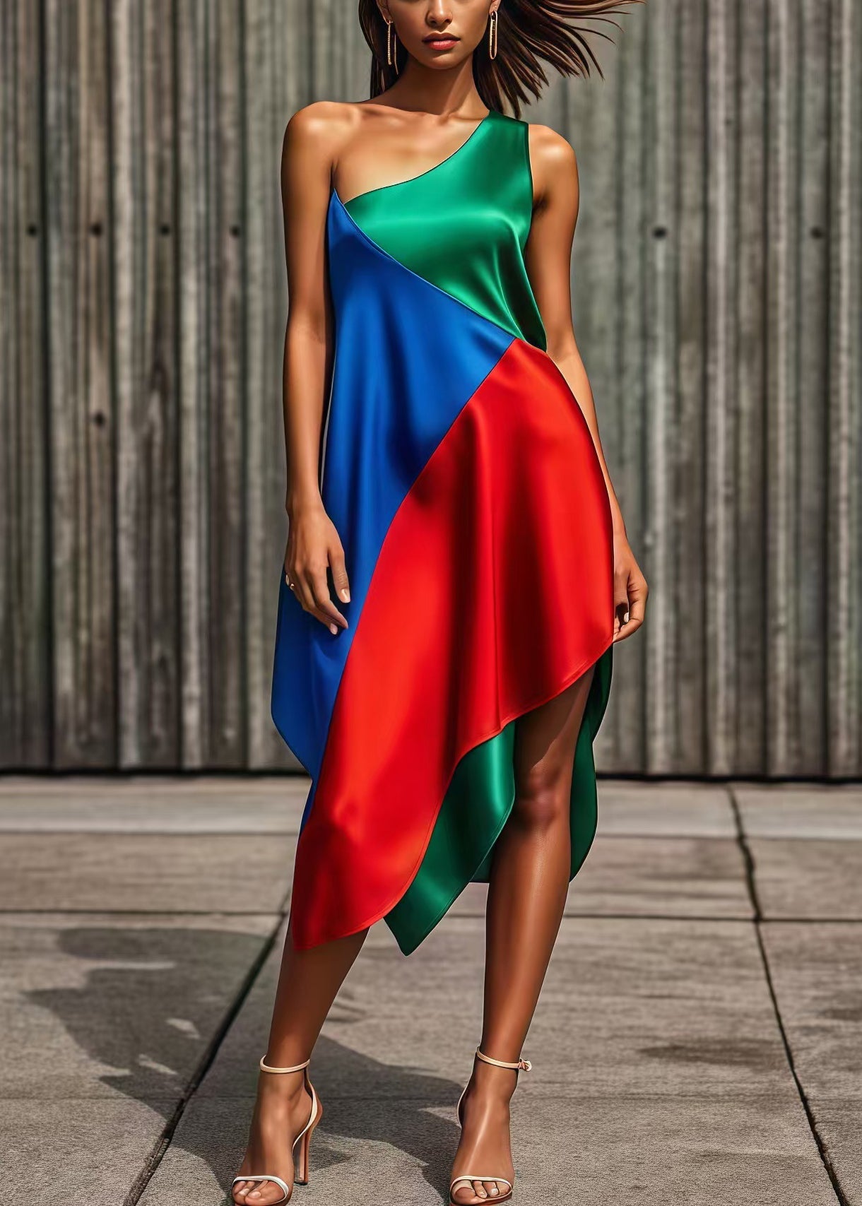 Colorblock One Shoulder Asymmetrical Patchwork Silk Holiday Dress Summer