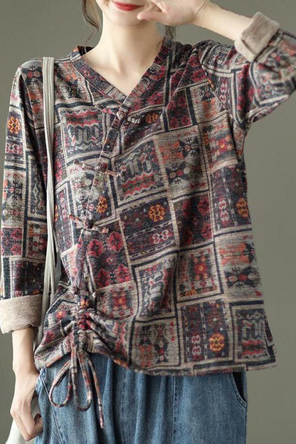 Retro Drawstring Print Cotton Blouse