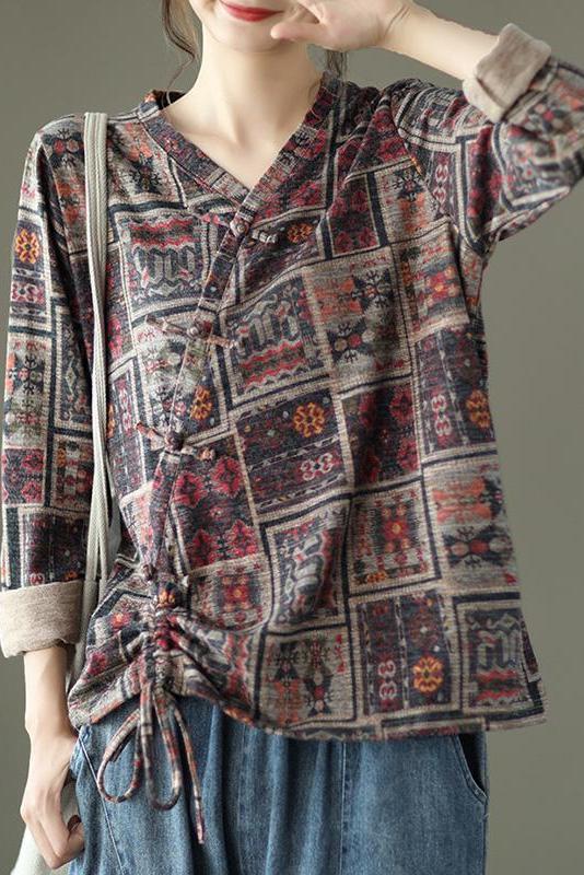 Retro Drawstring Print Cotton Blouse