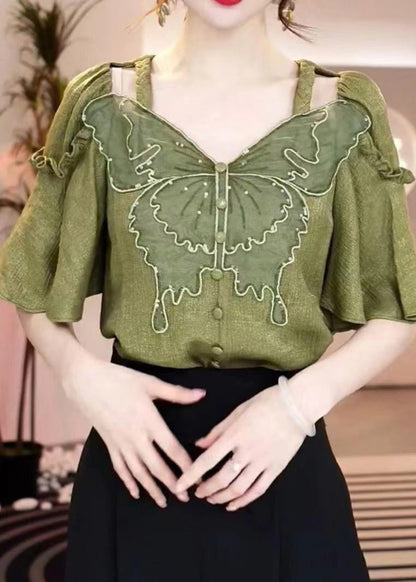 Green V Neck Ruffled Patchwork Hollow Out Shirt Summer