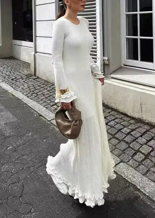 Slim Fit White O-neck Ruffled Patchwork Knit Long Dress Spring