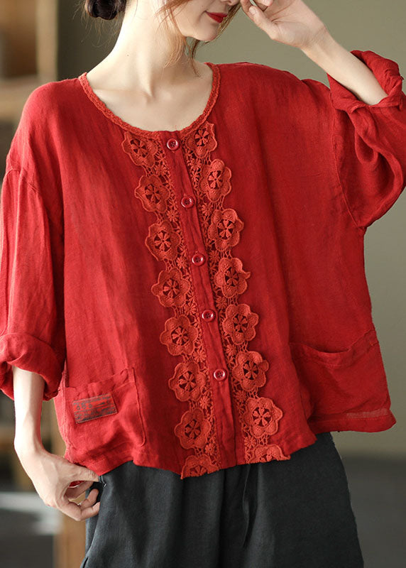 Red Retro Button Pockets Loose Fall Top