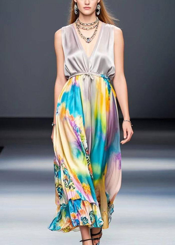 Light Purple Cinched Tie Dye Silk Long Dress Sleeveless