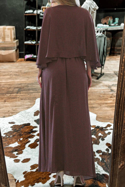 Deep V-neck Flowy Sleeves Leg Slit Dress