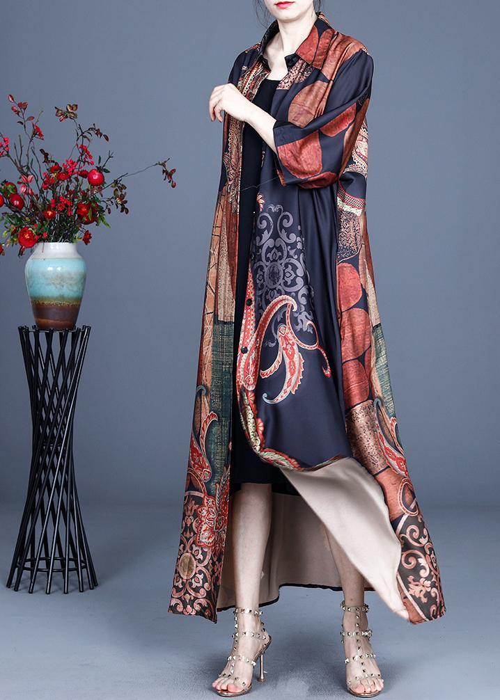 Black Print Summer Silk Peter Pan Collar Cardigan Long