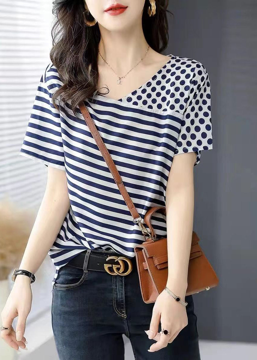 Blue O Neck Striped Dot Patchwork Silk Top Summer
