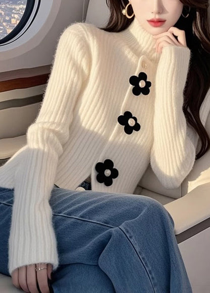 French White Hign Neck Knit Sweaters Top Spring