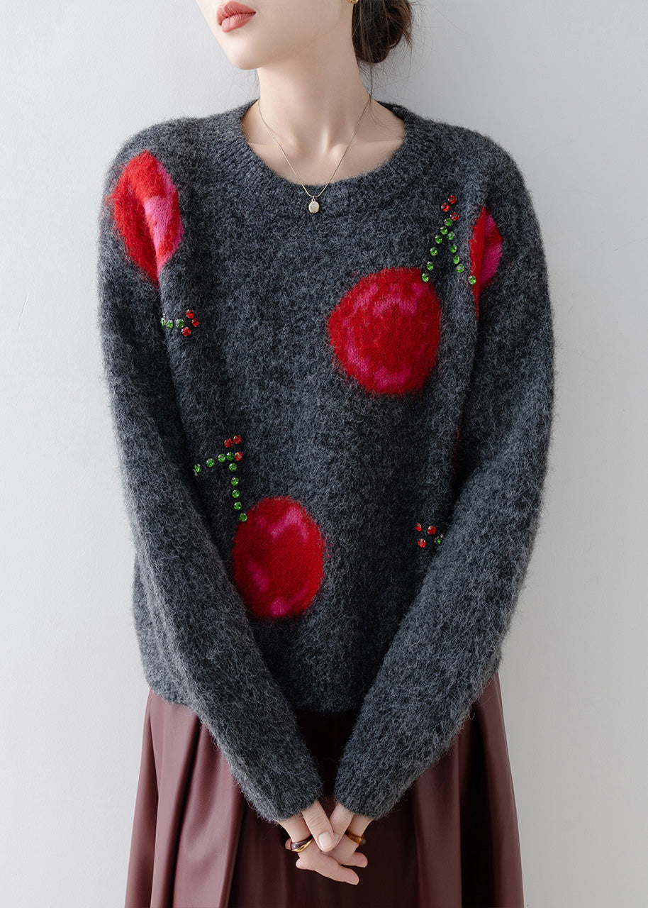 Grey O Neck Zircon Knit Sweaters Spring