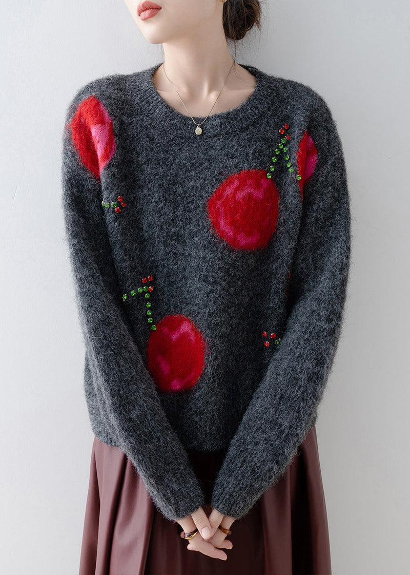 Grey O Neck Zircon Knit Sweaters Spring